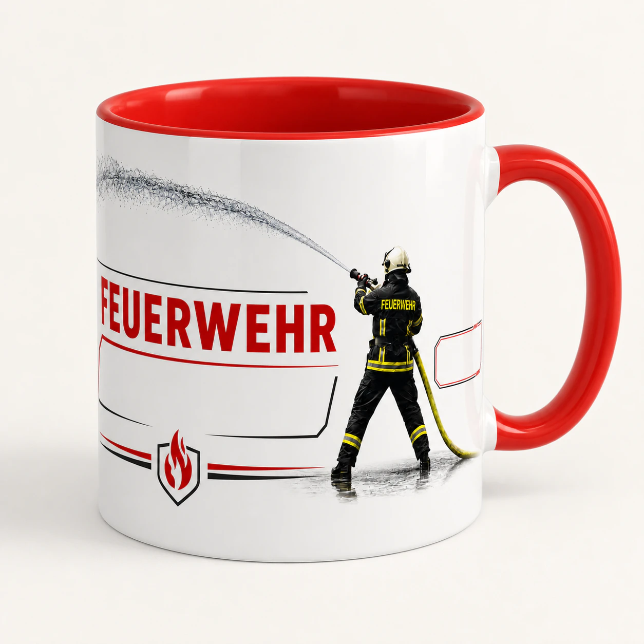 Feuerwehrtasse Wasserstrahl - personalisiert mit rotem Henkel